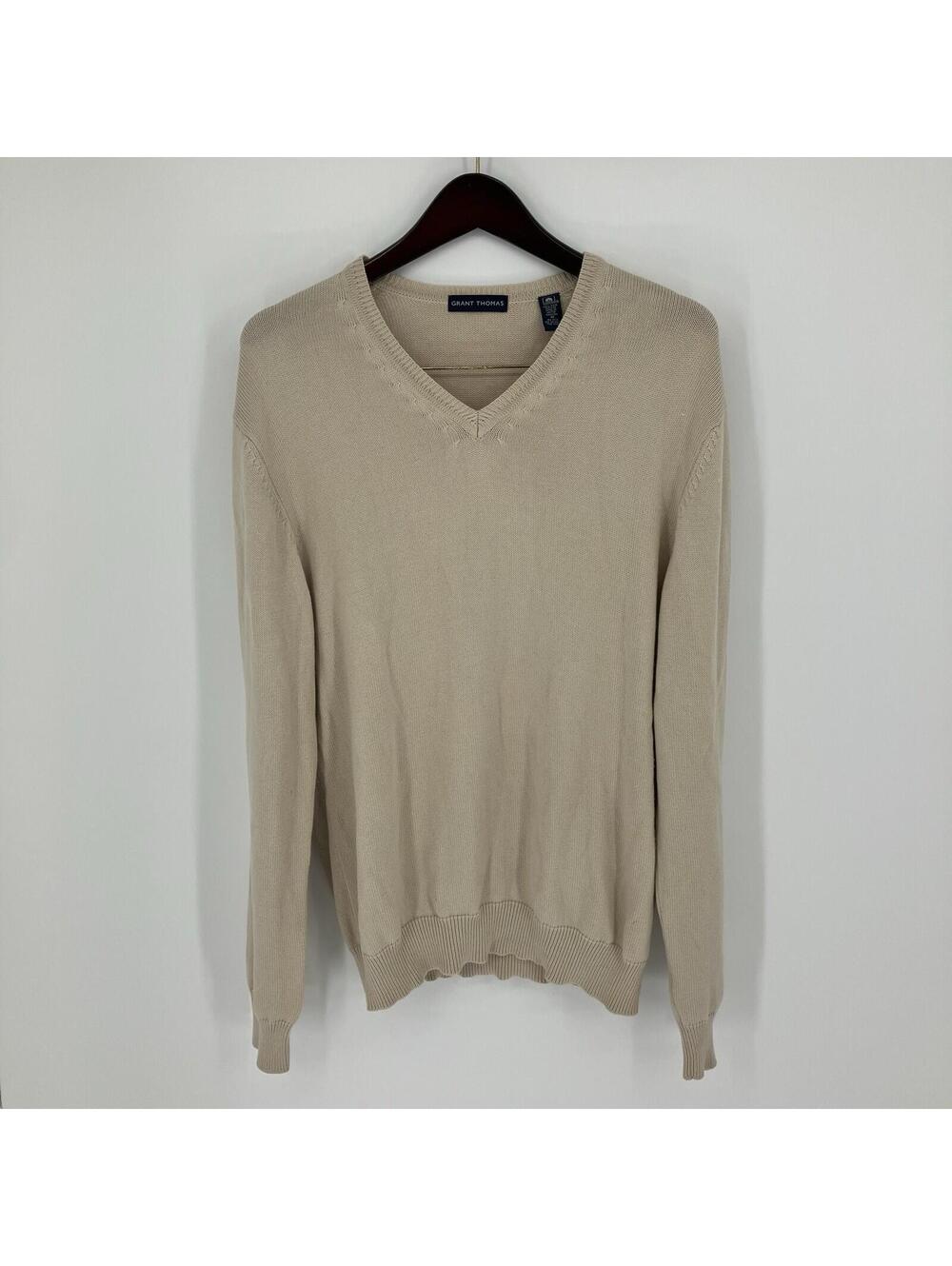 Grant Thomas Made in UK Beige Tan Knit Pullover Sweater V-Neck Pima Men Medium M